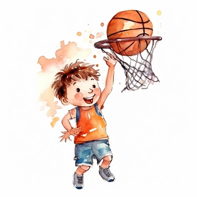 cute Watercolor cartoon basketball player shooting hoops, clipart, white background