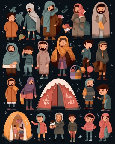 People refugees clipart collection, black background, clipart