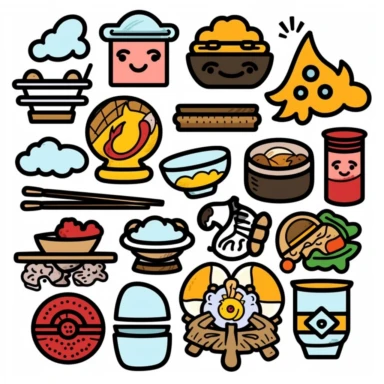 a set of black line clipart inspired by ramen and stickers and Lego and Funko Pop toys