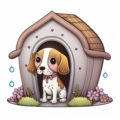 clipart with white background of a doghouse in the style of mystical fantasy, magical, kawaii style