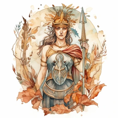 A watercolor clipart of Athena, the Greek goddess of wisdom and warfare, depicted with a determined expression and a wise gaze, adorned with a helmet and holding a shield and spear, surrounded by olive branches and symbols of knowledge, representing her intellect and strategic prowess