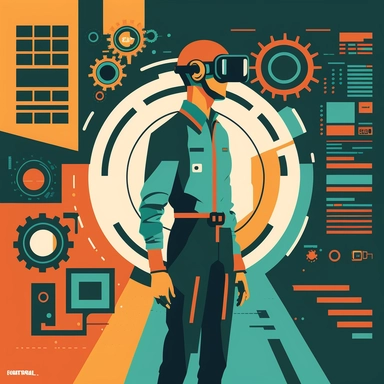 worker wearing vr headset, man, standing in an assembly plant, gauges, coding, vr developer, virtual reality, poster, simplistic, abstract, vector, 2d illustration, clipart, few colors