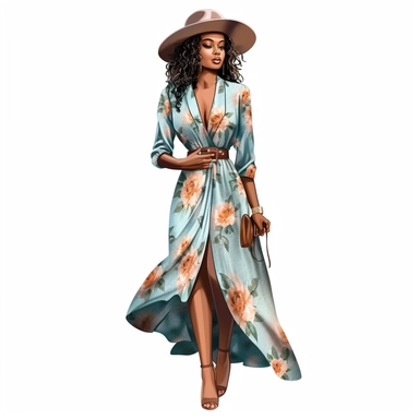 African american woman wearing floral dress and fedora hat Boss lady clipart modern fashion style anatomically correct realistic isolated white background
