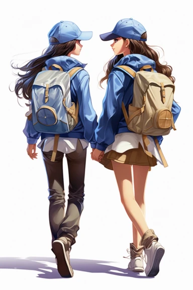 two fullbody women on their backs looking forward , wearing blue short, baseball hat and jackets, clipart