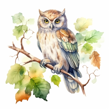 Create a watercolor clipart of a great owl sitting on a lime tree branch. Focus on rendering the detail of the owl's intense, calming, and sharp gaze.