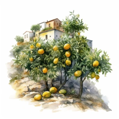 Watercolor illustration of Greek hillside, lemon tree, hyper realistic, white background, 4k, clipart