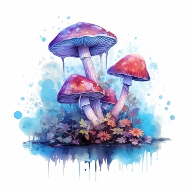 magic fantasy fungi, pastel blue and purple colors, forest, autumn, watercolor, magical, mystical art, clipart