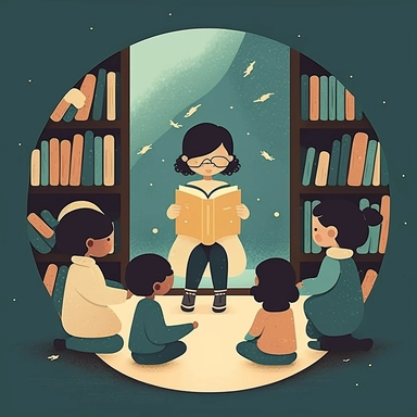 Generate a cover image featuring a young librarian reading a book to a group of children in a cozy library, with blank space in the middle for text or a title. Use clipart-style graphics to create a playful and imaginative scene.