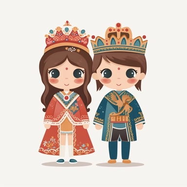 Folk art, scandinavian design, princess and prince, girl and a boy, realistic eyes, with a princess crown, full body, princess dress, fairy tale, 2D illustration, Colorful, light colored, white background, babycore, rainbow, Vector, Svg, Clip Art, Flat design,, Sticker, Cutline, Vector, White Background