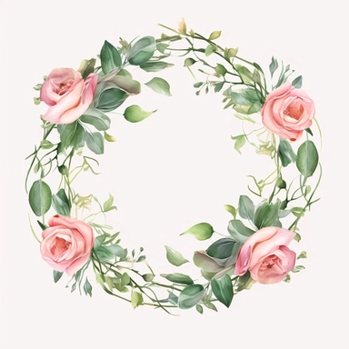 watercolor, hyper realistic, white background, white margins, 16k, ultra detailed clipart, cut out image, hand-drawn, whimsical manhwa style, ultra HD, sharp and clean art a garland made of intertwined roses and leaves, perfect for adding a romantic touch to borders or headers. Soft Pink and Emerald Green - Create a romantic and enchanting atmosphere with a color scheme consisting of soft pink shades for the roses and lush emerald green for the foliage