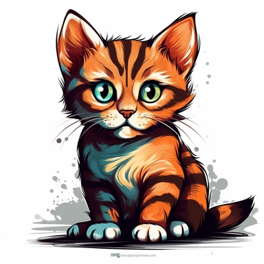 An adorable clipart design of a cute kitten with a cool and charismatic personality. The kitten is illustrated with a confident and strong appearance, showcasing its impressive physical attributes. The style of the artwork is cute and playful, with bold and vibrant colors that pop against the white background. The contour lines add depth and dimension to the image, making it a standout clipart design