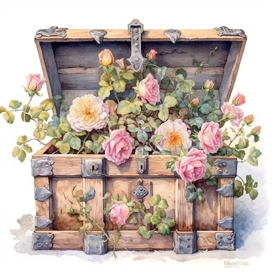 Empty open old pirate chest full of breathtaking english roses in pastel combo, by ann buccarelli ,watercolor, white background ,watercolour, insanely detailed, on white background, amazing colour combo, with detailed watercolor blooms of spring garden flowers white/ pink/ green, bec winnel, intricately textured, close up, walter Langley, lucy grossmith, heavy impasto technique, detailed shading, atmospheric watercolours, on white background clipart