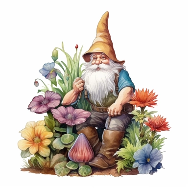 watercolor, hyper realistic, white background, white margins, 16k, ultra detailed clipart, cut out image, hand-drawn a cheerful gnome with a pointy hat, tending to a garden with colorful flowers and vegetables. earthy color scheme with shades of green and brown, pastel