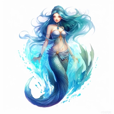 a glowing asian charming mermaid with blue lights on her scales and fins, mermaid fin, full body, delicate detail, artistic interpretations, watercolor, manhwa character design, in the style of artgerm, 2d game art, quadratura, clipart, on white blackground,