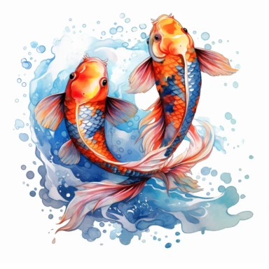 Fantasy magical Koi Fishes Clipart, Watercolor Cartoon, hyper realistic, intricate detail, illustration style, high resolution, on the white background
