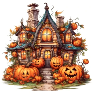 simple fairy Halloween house, pumpkin, horror, clipart, complex, highly detailed, signature design, on white background