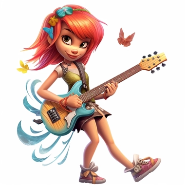 a cartoon girl fairy in a rock n roll band, big wings, playing electric guitar, some tattoes, full body image, pixar style, clipart