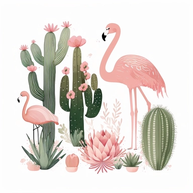clipart , minimal simple Pink Flamingo beside some different shapes of cactus Bohemian style ,white background ,no text ,without border