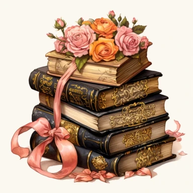 Make a clipart of a fairytale watercolor book stack with detailed binding on a table, shabby chic, with bright colors of peach and pink, roses, gold accents, black outlines, hd, white background