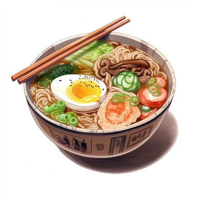 watercolor, hyper realistic, white background, white margins, 16k, ultra detailed clipart, cut out image, hand-drawn a steaming hot bowl of ramen noodles topped with sliced pork, bamboo shoots, and green onions in the style of nightcore, multilayered realism, heavy shading, avocadopunk, ue5, full body, mushroomcore