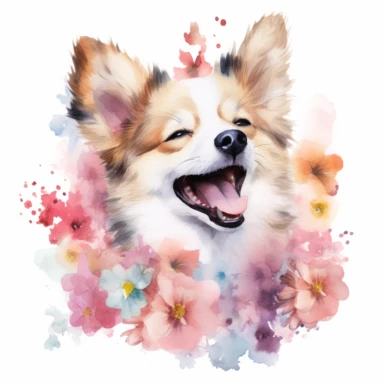 a cute baby dog laughing among some flower watercolor clip 4k
