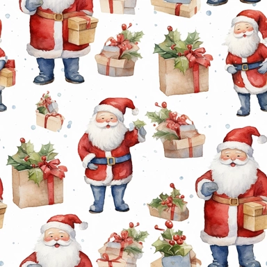 seamless, detailed watercolor, 1 christmas cute santa clipart, 5 fingers, hd, 4k, ultra quality, high quality,