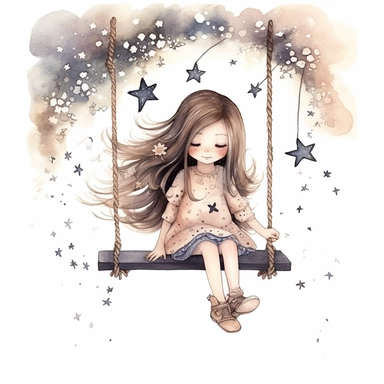 pale soft little girl, 5 years, long hair, pompom shoes,sitting on a swing hanging under a tree, with flower headband, in the style of whimsical, stars, moon, detailed character illustrations, book illustration, watercolor style, textured paper, white background clipart