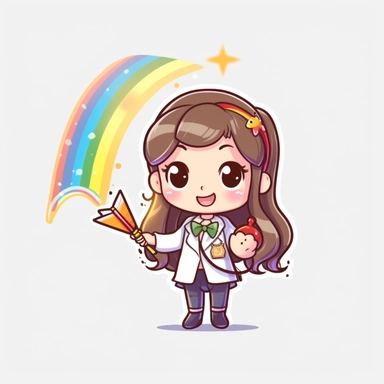 kawaii style rainbow cute teacher with a magic wand, casting spells to make learning fun and engaging for students, Best quality, 8K, HD, white background, no background, sublimation file, png, 2d, Cute kawaii style, vector clipart