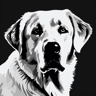 the image of a white Anatolian Shepherd Dog on black is shown, in the style of stencil art, heavy outlines, flickr, hard edge, sculpted, woodcut, clipart cut file cuttable cricut vector