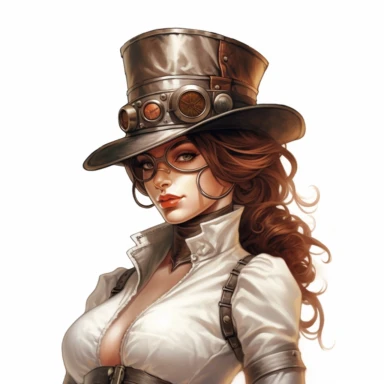 Solid white background. Waist-up illustration of a determined steampunk woman, her intense gaze and resolute smile reflecting her strong determination. Her alabaster skin and mahogany brown hair beautifully contrast her attire in shades of antique bronze and silver, a testament to Victorian elegance and steampunk aesthetics. Instead of a hat, she wears a sleek headband adorned with industrial motifs. The background lacks any steampunk elements. Pastel clipart, hyper-realistic, retro-futurism, so