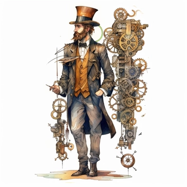 steampunk victorian prototype, full body, watercolor, gears, pinions, calipers, clocks, rivets, top hat, clipart, duo tone, realistic, ultra resolution, vivid detail, 8k, minimal watercolors, white background