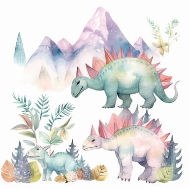 friendly, fluffy watercolor dinosaurs clipart, pastel colors, in the mountains, forest, separated, seamless, transparent background--AR 3:2