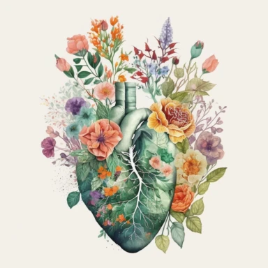 Generate a beautiful digital watercolor clipart illustrating flowers growing from a human heart, replacing the traditional vase. The art should evoke a sense of spring, with a variety of flowers in vibrant, spring-like colors. The heart from which the flowers grow should be detailed and realistic, adding a touch of whimsy and symbolism to the piece. The flowers should bloom from the realistic heart, they should bloom and be beautiful. A lot of flowers, spring vibes.