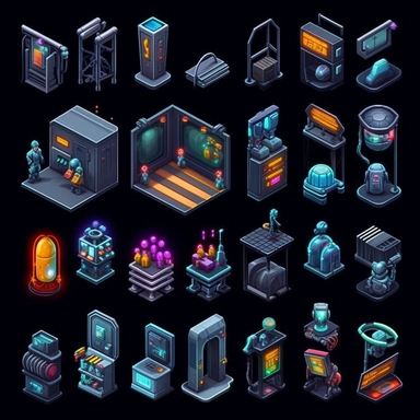 isometric, spritesheet, game assets, futuristic elevator sprites, isometric perspective, game sprite, sci-fi, cute, fun, creative, cartoon, clipart, hyper-detailed, black background