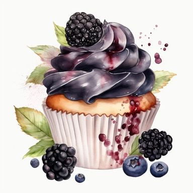 watercolor black berry cupcake clipart, hd