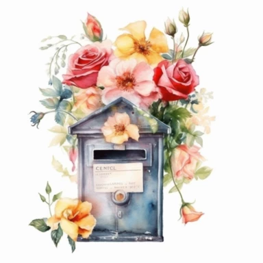 mail box with flowers, Watercolor, Illustration, Clipart, Isolated on White Background, Photorealistic, 32K, HD
