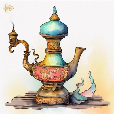 a Cute Magic Lamp watercolor Clipart sublimation clipart graphic, full body, clipart, sticker, a single picture, cartoon style, highly detailed, 8k, one image in the frame--no text in the picture--