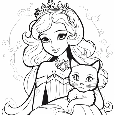 black and white lineart coloring book page: princess with cat cartoon vector clipart, cut and paste, stop-motion animation, creative commons attribution, digitally enhanced, storybook-esque