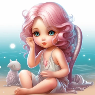 clipart of super cute baby girl in the beach white background full body, sitting on a chair on the sand, charming anime characters Thomas Kinkade Nadja Baxter Anne Stokes Nancy Noel