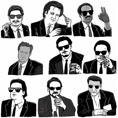 a set of postmodern black line clipart inspired by Reservoir Dogs and Pulp Fiction
