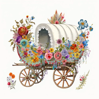Floral Boho Wagon Buggy,Clipart, colorful, white background