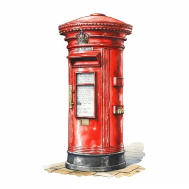 red royal mail postbox UK, watercolour illustration clipart, extremely detailed, 4k, high quality, isolated on white background