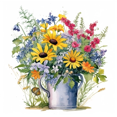 Watercolour Meadow-Inspired bouquet Extra large, Create a meadow-inspired arrangement by combining native UK and American flowers that bloom in meadows, Mix cowslips, cornflowers, and red campions from the UK with black-eyed Susans, goldenrods, and butterfly weeds from Americaplanted in a Metal wheelbarrow watercolour flower arrangement, clipart, vector, intermingled with greenery, white background, no captions, no vase, flower bed setting, aspect 2:2 repeat 5