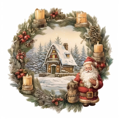 vintage design, advent wreath around, christmas theme oil paining santa claus with a big sack filled with gifts Clipart Collection in beautiful winter landscape, advent wreath around, christmas theme, detailed, isolated, white background, one pattern