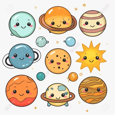 Solar system clipart perfect clean lines, planets vector graphics, Space clipart, high quality kawaii png clip art on a white background
