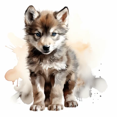 hyperrealistic ultra detailed watercolor clipart, cute baby wolf full body, isolated on white background, in the style of digital print, clipart, illustration, sticker, ultra high definition, rich details, 32K, HD