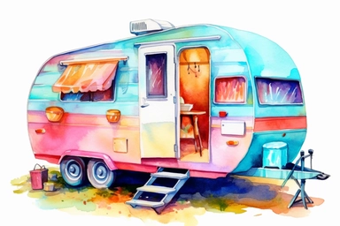 colorful bright vibrant neon vintage camper, watercolor clip art