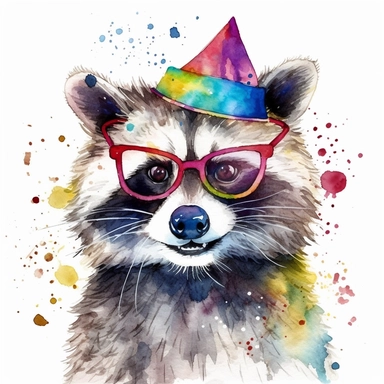 please create watercolor clipart of a raccoon smiling, wearing party GLASSES AND PARTY POPPERS, colorful, WHITE BACKGROUND