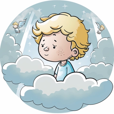 clipart of a child in heaven, soft cartoon, cell shaded, comforting, in the style of LDS primary.