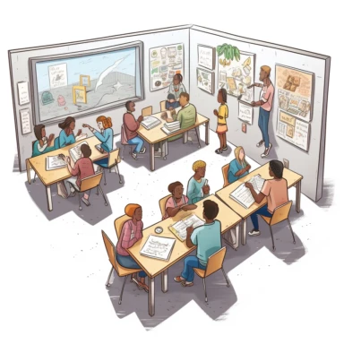 Clipart showcasing a classroom scene with students sitting at desks, a whiteboard, and educational materials.